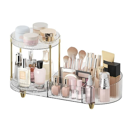 Makeup Organizer Countertop for Vanity, Rotating Perfume Tray with 5-compartment Cosmetic and Skincare Organizers, Multi-P...