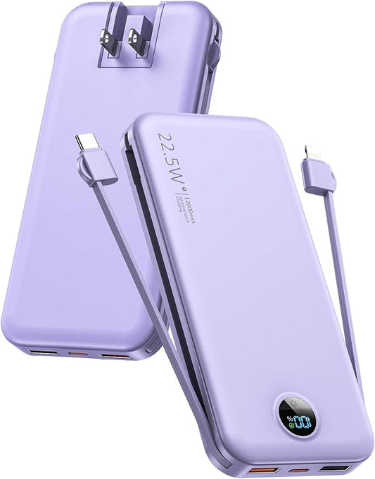 Portable Charger, 12000mAh 22.5W USB C Fast Charging Power Bank with Built-in Cables and AC Wall Plug, Smart LED Display T...