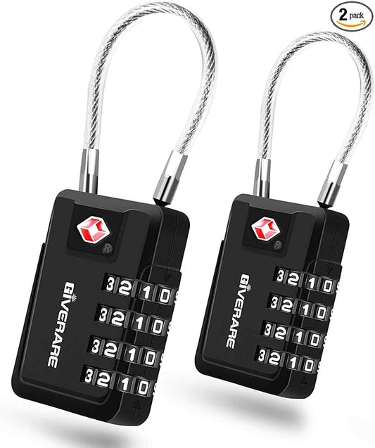 2 Pack TSA Approved Travel Luggage Locks 4-Digit, Metal Cable Suitcase Combination Lock, Alloy Keyless Zipper Padlocks, TS...