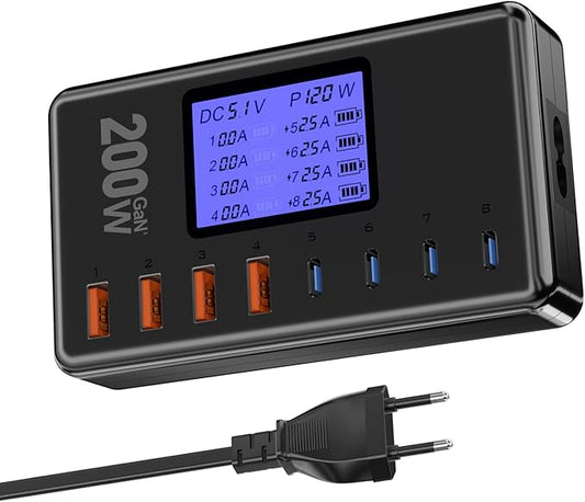 USB Charging Station, layajia 200W 8-Port Charging Station for Multiple Devices, USB-C PD Fast Charging Desktop Charger, U...