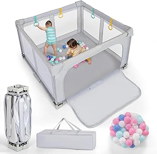Costzon Foldable Playpen for Babies, 50''x50'' Portable Baby Play Pen with 50 PCS Ocean Balls, 4 Handles, Carry Bag, Visib...