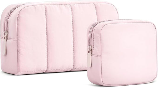 oscaurt 2 Pcs Makeup Bag Travel Toiletry Bag for Women Puffy Padded Cosmetic Pouch Purse Wide-open Makeup Organizer Case T...