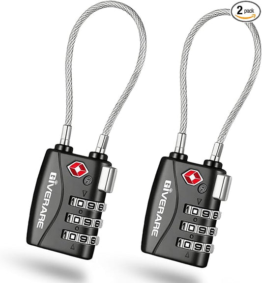 2 Pack TSA Approved Travel Luggage Locks, Long Cable Combination Lock Alloy, Metal Keyless 3-Digit Padlocks, Weatherproof ...