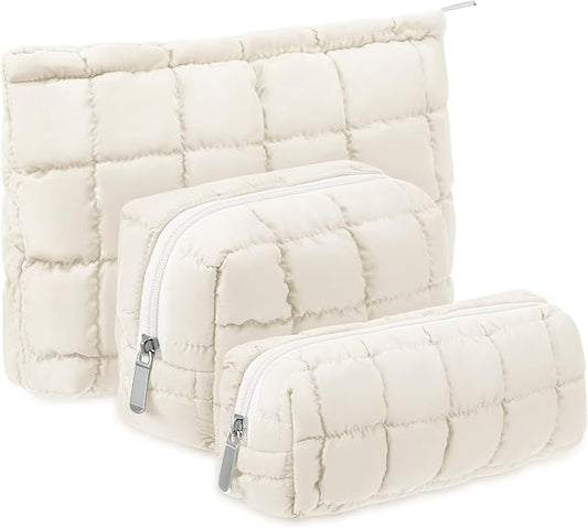 Huhumy 3 Pcs Puffy Makeup Bag Quilted Cosmetic Pouch for Women Cute Checkered Travel Toiletry Bag Puffer Makeup Organizer ...