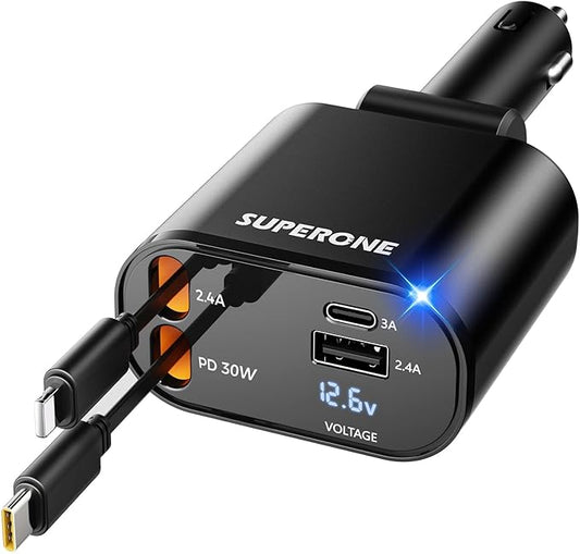 【Upgraded】 SUPERONE Retractable Car Charger 4 in 1, Fast Car Phone Charger with Cord 2.6ft, USB C and Apple Car Adapter, C...