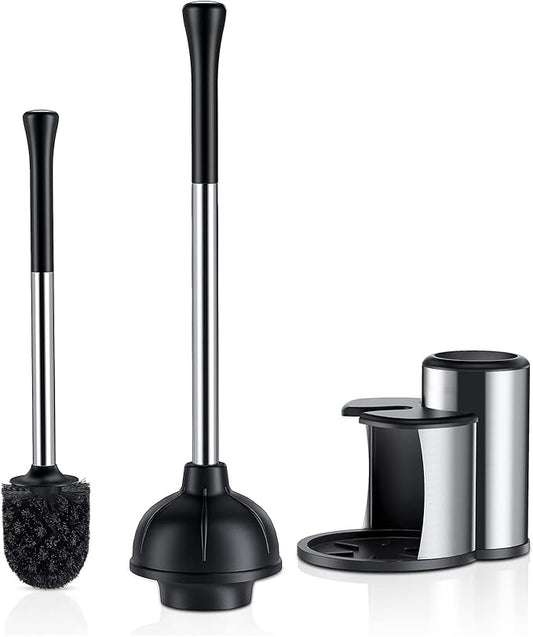 HAMITOR Toilet Plunger and Bowl Brush Set: 2 in 1 Stainless Steel Heavy Duty Toilet Cleaner Plunger with Holder Combo for ...