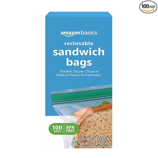 Amazon Basics Reclosable Sandwich Double Zipper Storage Bags, 100 Count, Pack of 1