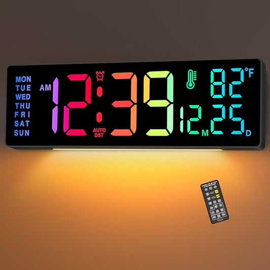 Soobest 14.2" Large Display Digital Wall Clock with Date Day of Week Temp Timer, Electric 8-in-1 Color Changing Big LED Cl...