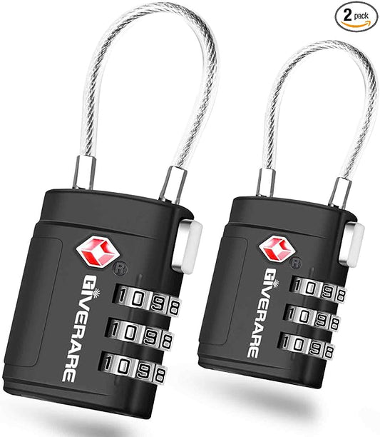 2 Pack TSA Approved Luggage Locks, Cable Travel Lock Alloy, Set Your Own Combination Metal Suitcase Zipper Padlock, 3-Digi...
