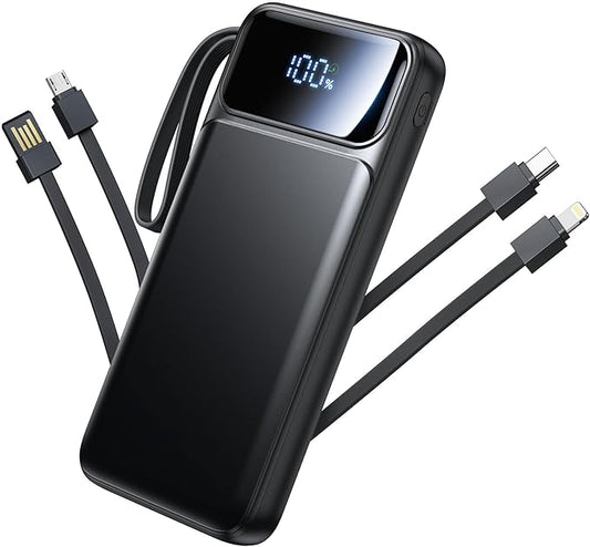 Power Bank, Portable Charger with Built in Cable 22.5W Fast Charging Battery Pack 10000mAh Slim 6 Outputs 3 Inputs LED Dis...