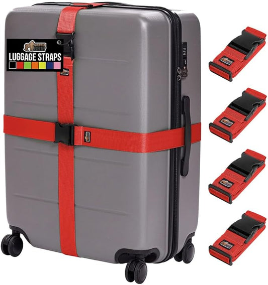 GORILLA GRIP Heavy Duty 4 Pack Adjustable Luggage Straps for Suitcases, Easy to Identify Travel Belt Connector Holds Suitc...