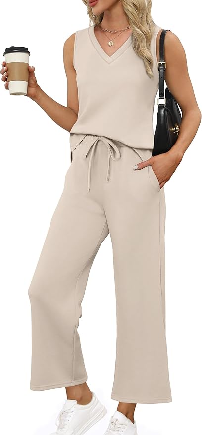 XIEERDUO Two Piece Sets for Women Summer Vacation Travel Outfits V Neck Lounge Matching Sets