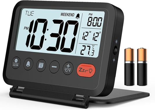 MeesMeek Digital Travel Alarm Clock, Black, 3.54 inch LCD Display, 9-Minute Snooze, 2 Volume Levels, Backlight, Battery In...
