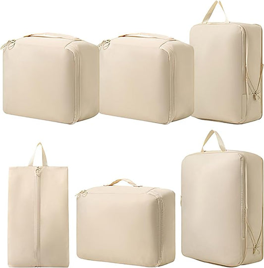 6-Pack Beige Compression Packing Cubes for Travel – Luggage Organizer Bags for Suitcases & Accessories