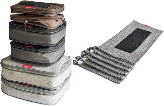 LeanTravel Bundle Compression Packing Cubes Set of 6 Grey-Black-Brown Color + Shoe bags for Travel Set of 6 Grey Color