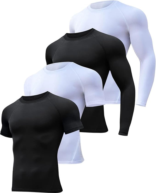 HOPLYNN 4/5 Pack Workout Compression Shirts Men Long/Short Sleeve Rash Guard Athletic Undershirt Gear T Shirt for Sports