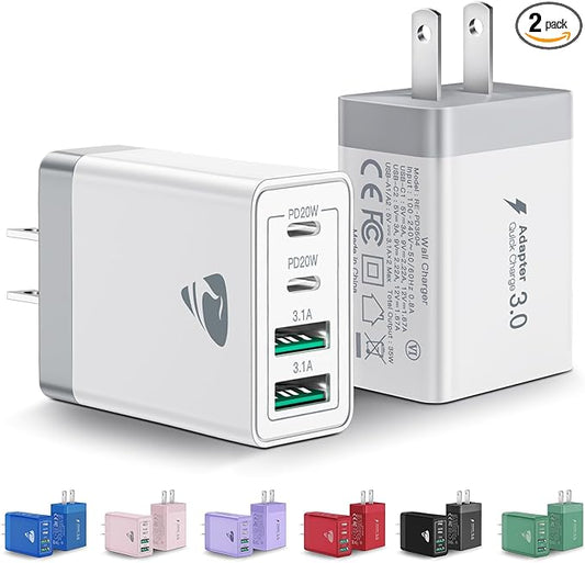 [2-Pack] USB C Wall Charger, 40W Fast USB C Charger Block, 4-Port PD Power Adapter + QC Wall Plug Multiport Type C Chargin...