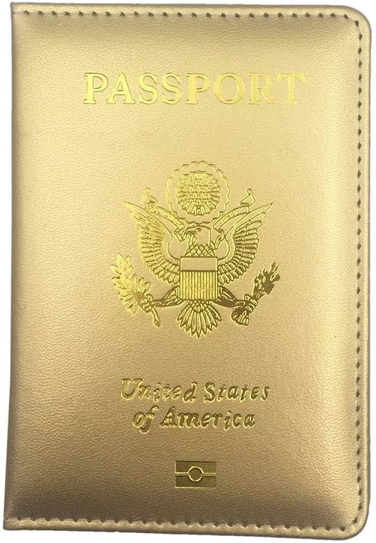 Missmore PU Leather Passport Cover with Gold USA Logo Printed for Travel (Champagne)