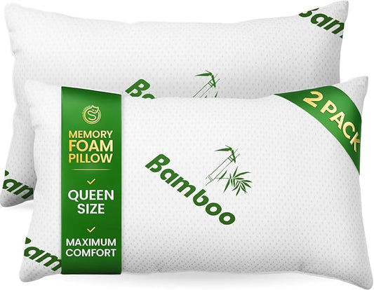 Memory Foam Pillows Queen Size Set of 2 - Cooling Bed Pillows for Sleeping - Back, Stomach, Side Sleeper Firm, Comfy Cool ...