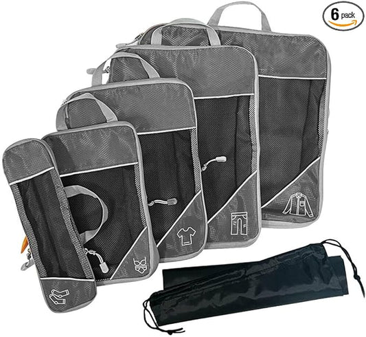 Compression Packing Cubes Zipped See Through Mesh Backpack Luggage Organizer 6 Pack Grey