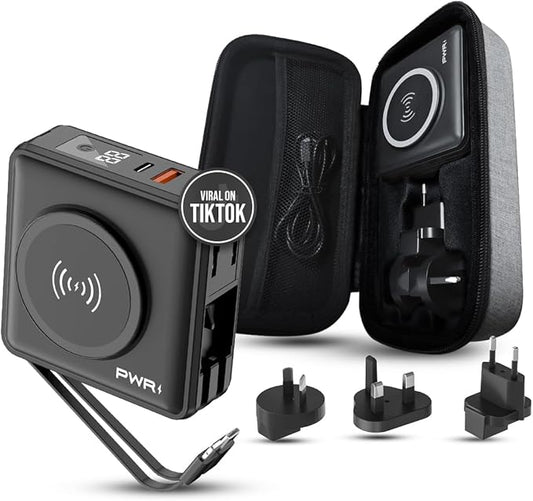 PWRMobile PWR Travel PRO 5-in-1 Power Bank with Case Included– 10,000mAh with Built-in Cables – 20W USB-C + 15W Wireless C...