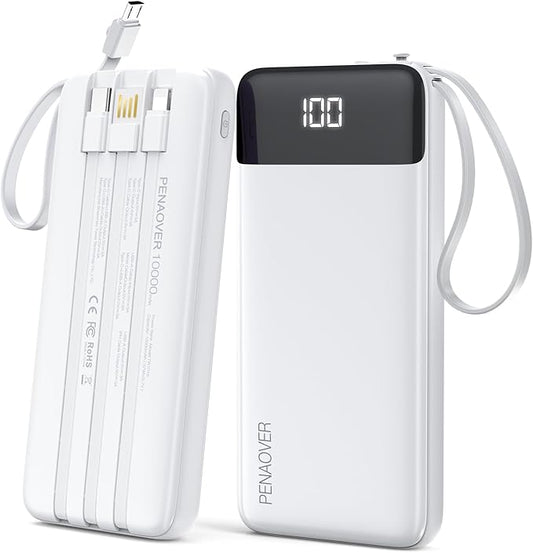 penaover Portable Charger 10000mAh Power Bank with Built-in Cable, 5 Output 2 Input Travel Essential External Battery Pack...