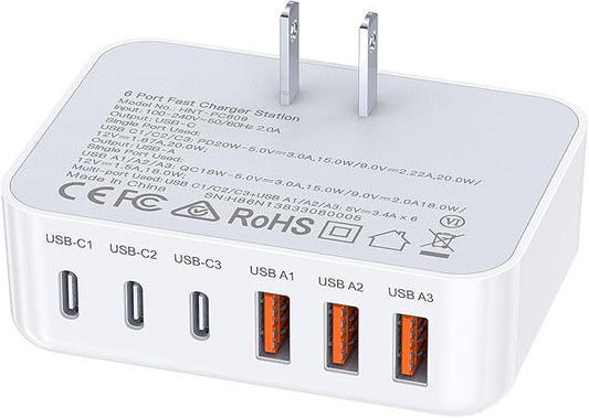100W USB C Wall Charger Block, 6 Port Fast Charger Plug Adapter with PD USB-C + QC USB A Multiport Type C Charging Block S...