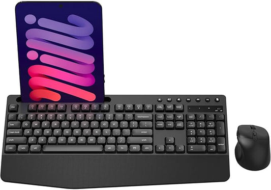 Wireless Keyboard and Mouse Combo, Full-Sized Ergonomic Keyboard with Wrist Rest, Phone Holder, Sleep Mode, Silent 2.4GHz ...