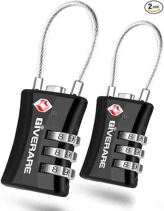 2 Pack TSA Approved Luggage Locks, Cable Suitcase Travel Lock Alloy, Set Your Own Combination Metal Zipper Padlock, 3-Digi...