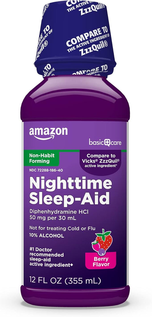 Amazon Basic Care Night Time Sleep-Aid Liquid for Adults, Diphenhydramine HCl 50 mg, Mixed Berry Flavor, Packaging May Var...