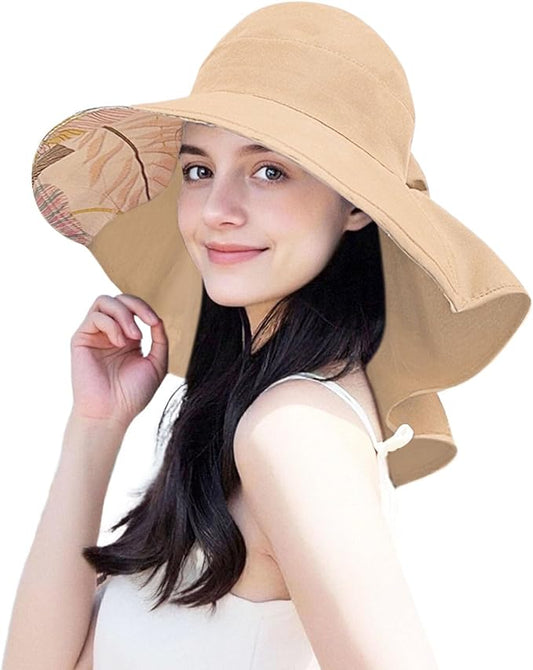 Yooooomi Womens Foldable Sun Hat with Ponytail Hole UPF50+ Wide Brim Summer Cap with Neck Flap