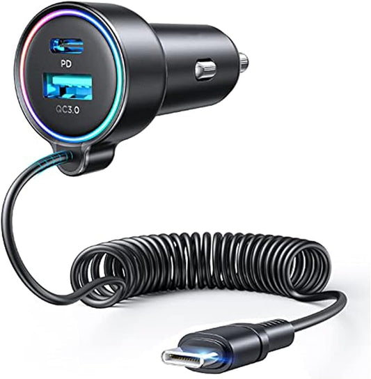 USB C 90W Car Charger for iPhone 17/16 Pro Max, PD & QC3.0 w/5 ft 45W Type Coiled Cable, Fast Car Phone Charger Adapter fo...
