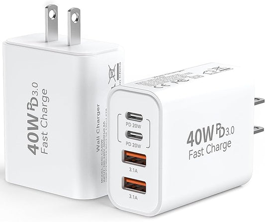 USB C Wall Fast Charger Block, 40W 4-Port Type C Charger Fast Charging Blocks PD Power Charger Adapter+QC 3.0 USB Multipor...