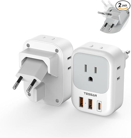 TESSAN European Travel Plug Adapter 2 Packs, Type C Europe Adaptor Foldable Plug 4 Outlets 3 USB(1 USB C PD 20W), US to Sp...
