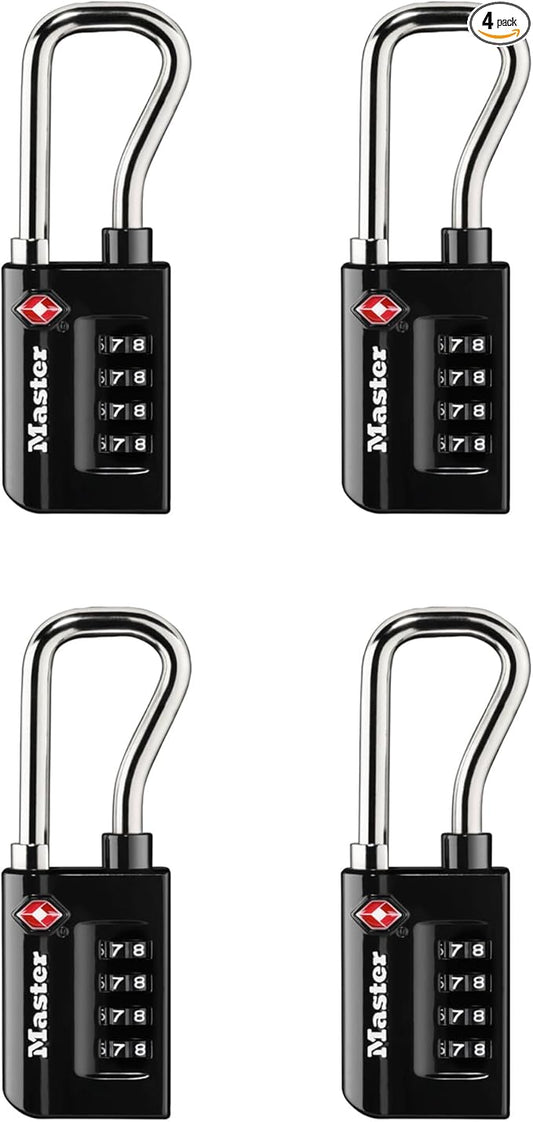 Master Lock Padlock, Set Your Own Combination TSA Accepted Luggage Lock, 1-5/16 in. Wide, Black, 4 pk, 4696EC4