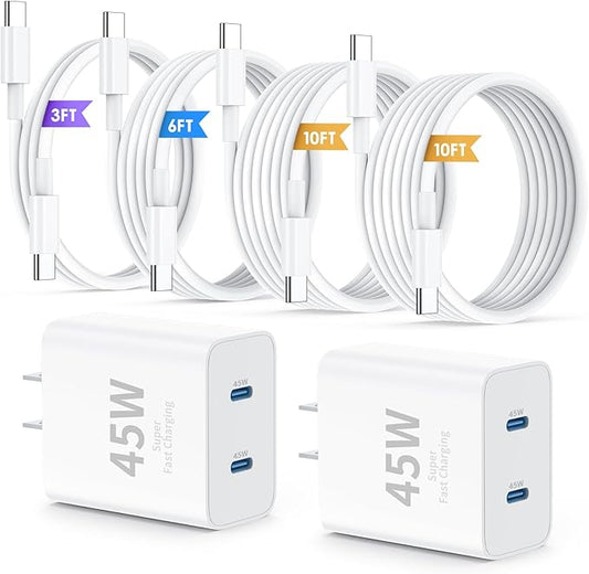 QZIIW iPhone 17 16 15 Pro Max Charger Fast Charging,45W Dual Port USB C Fast Charger Block [2-Pack] & Extra Long 60W 3/6/1...