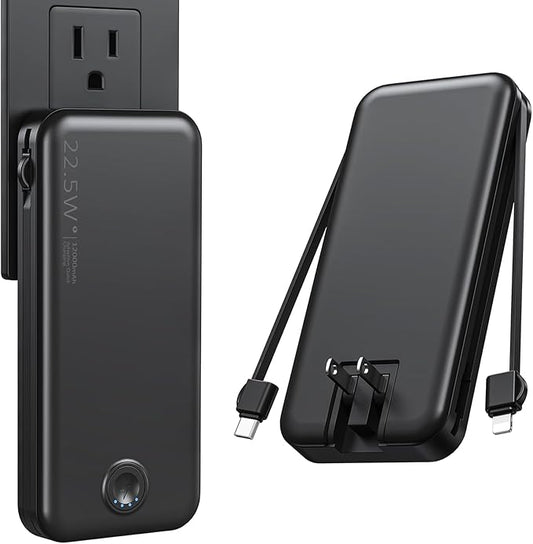 Nusyddy 22.5W Super Fast Charging Portable Charger with Wall Plug,12000mAh USB-C Power Bank Built-in 2 Cable, Lightweight ...
