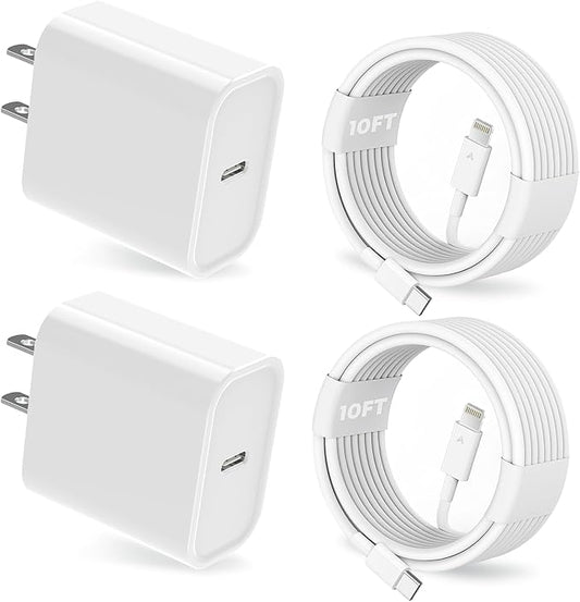 25W iPhone Charger, 2 Pack 25W PD USB C Wall Fast Charger Adapter with 2 Pack 10FT Long Type C to Lightning Cable Compatib...