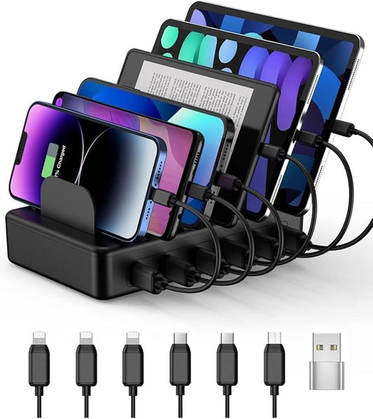 CREATIVE DESIGN 50W 6 Ports Multi Charger Station with 6 Charging Cables, USB Charging Dock for Multiple Devices, Compatib...