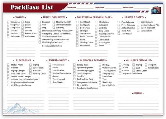 lovielf Large Travel Packing list PackEase checklist Essentials Memo Note Pad | A4 Size 8.27" X 11.69" | 50 sheets