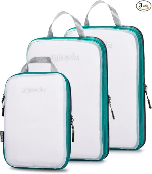 Travel Luggage Packing Organizers Set of 3 - Compression Packing Cubes for Suitcases, White