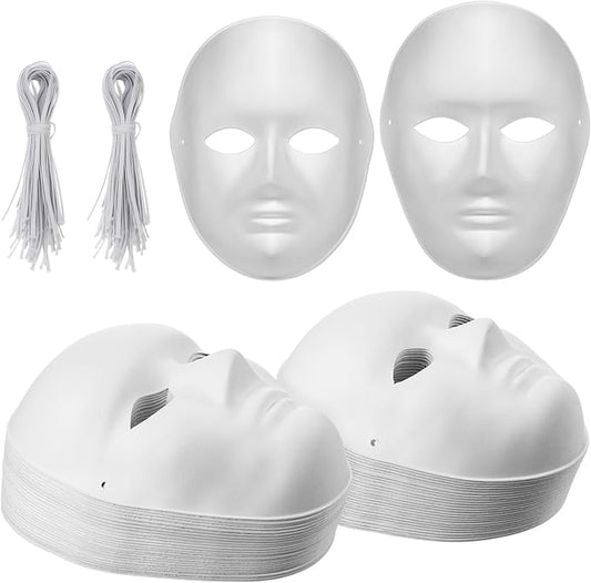 50 Pcs DIY Full Face Masks Bulk, Blank White Paintable Paper Mache Mask, 2 Sizes Paintable White Plain Mask, Craft Masks B...