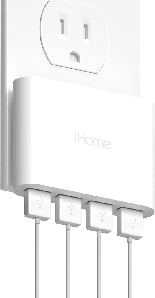 iHome Slim 4-Port USB Wall Charger, AC Pro Multiport Plug Adapter, Phone Charging Block with 4 Ports, Flat USB Wall Adapte...