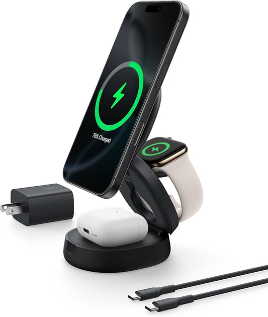 Belkin MagSafe Charger Compatible, 3-in-1 Qi2 15W Wireless Charging Station, Convertible Wireless Charger for iPhone 17, A...