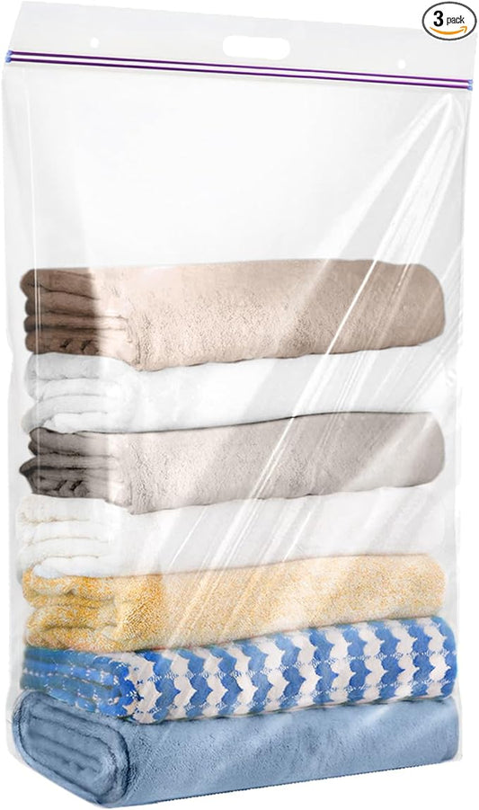 20 Gallon Jumbo Storage Bags, Pack of 3, Clear Plastic Storage Bag with Carry Handle, 24 x 32 Heavy Duty Ziplock Storage B...