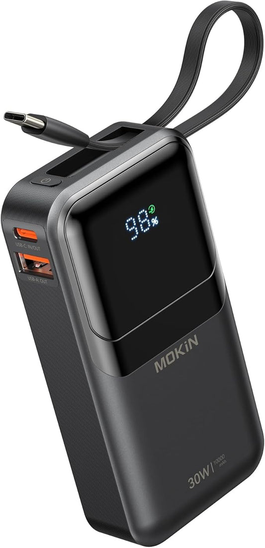 MOKiN Portable Charger, 10000mAh 30W Power Bank Fast Charging, Phone Battery Pack with Built in Cable, 4 Outputs, Travel C...