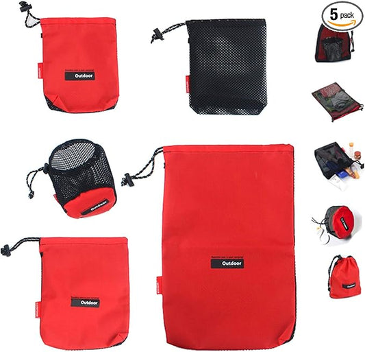 Drawstring Bags/Pouch/Ditty/Mesh-Stuff-Sack for Camping/Travel Cord/Bag - Storage 5-in-1 Travel Use Nylon 5 Pieces