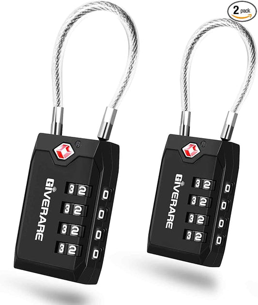 2 Pack TSA Approved Travel Luggage Locks, 4-Digit Cable Combination Suitcase Lock, Metal Alloy Padlocks, Weatherproof Padl...