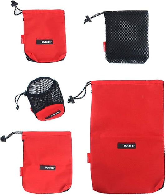 Drawstring Bags Pouch/Ditty Bag/Mesh Stuff Sack Camping Cord Bag Storage 5-in-1 Travel Use Nylon 5 Pieces (Red)