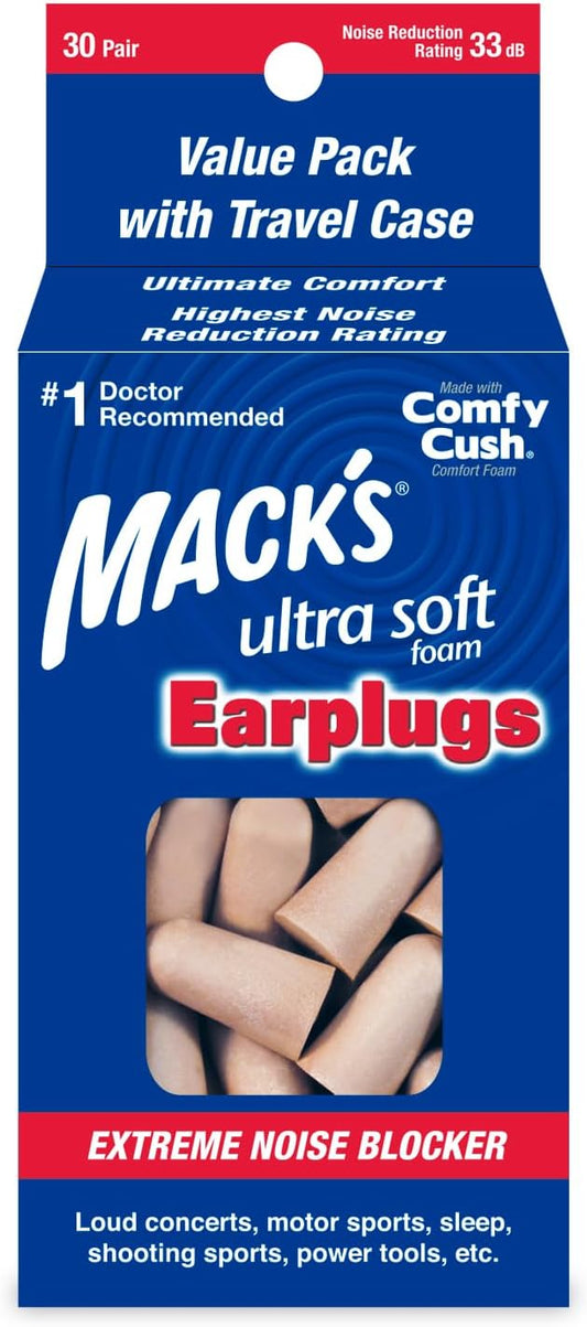 Mack's Ultra Soft Foam Earplugs, 30 Pair - 33dB Highest NRR, Comfortable Ear Plugs for Sleeping, Snoring, Travel, Concert...